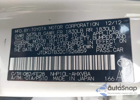 2012 Toyota Prius C One from USA, damaged, VIN JTDKDTB32C1526859